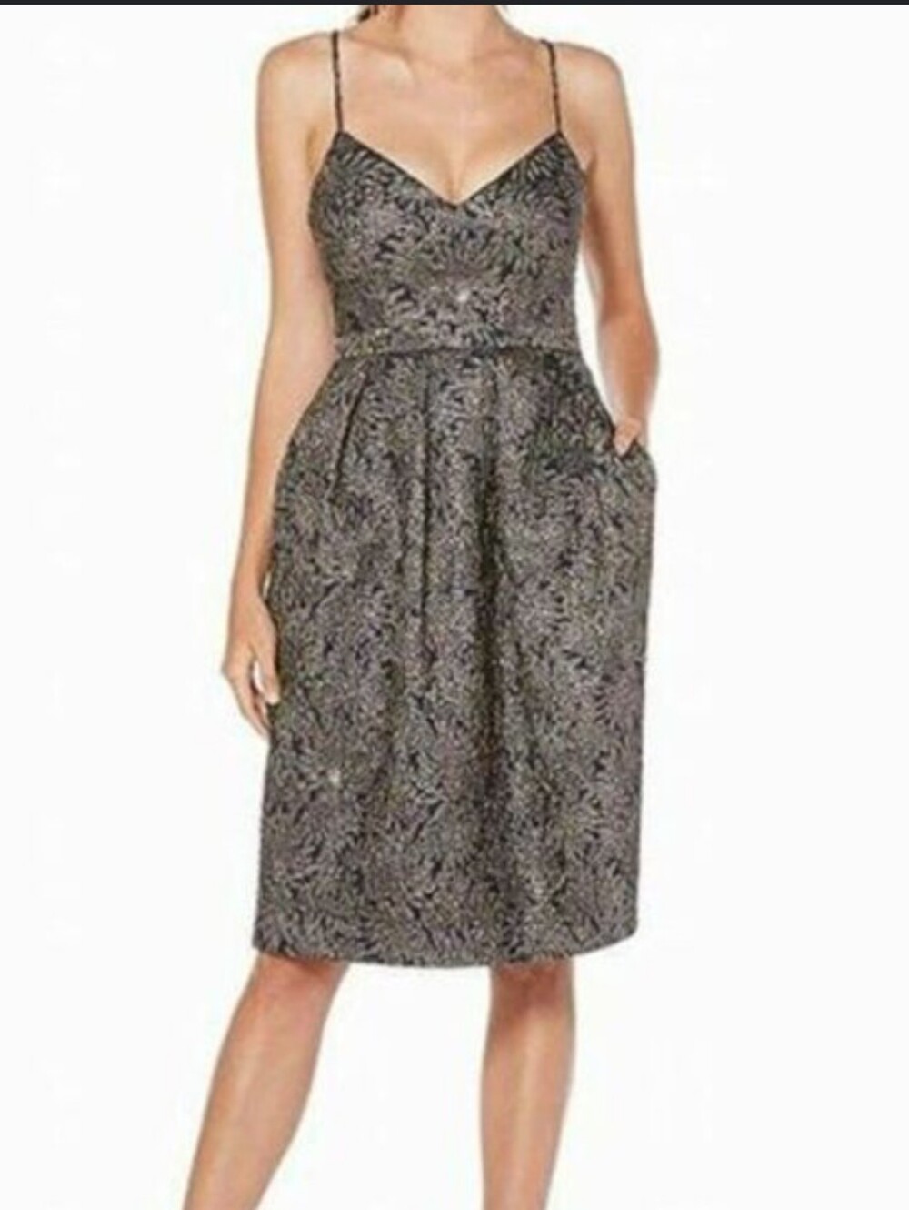 Laundry By Shelli Segal Navy and Silver Floral Brocade Midi Dress